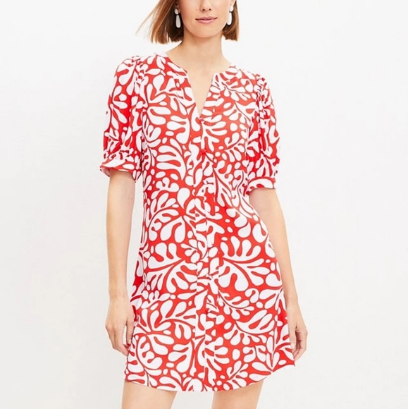 LOFT Floral V Neck Button Down Balloon Sleeves Swing Dress, Small, Red/ … - Picture 1 of 11
